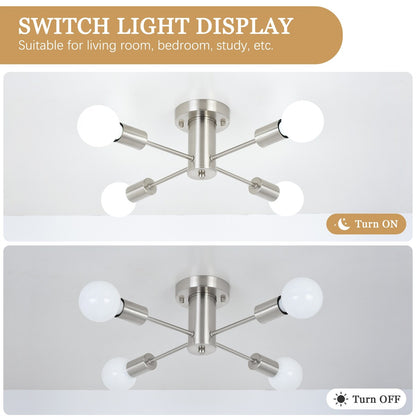 4-Light Industrial Semi Flush Mount Ceiling Light for Kitchen Dining Room Bedroom Study Living Room - N/A