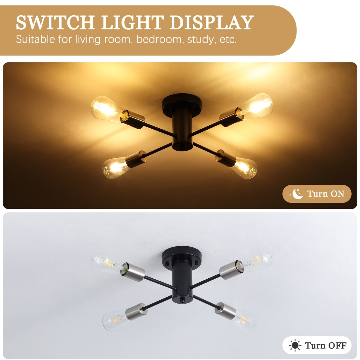 4-Light Industrial Semi Flush Mount Ceiling Light for Kitchen Dining Room Bedroom Study Living Room - N/A