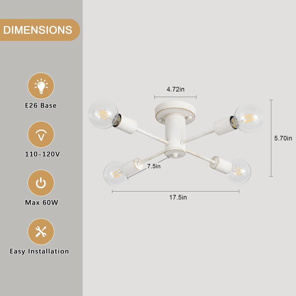 4-Light Industrial Semi Flush Mount Ceiling Light for Kitchen Dining Room Bedroom Study Living Room - N/A