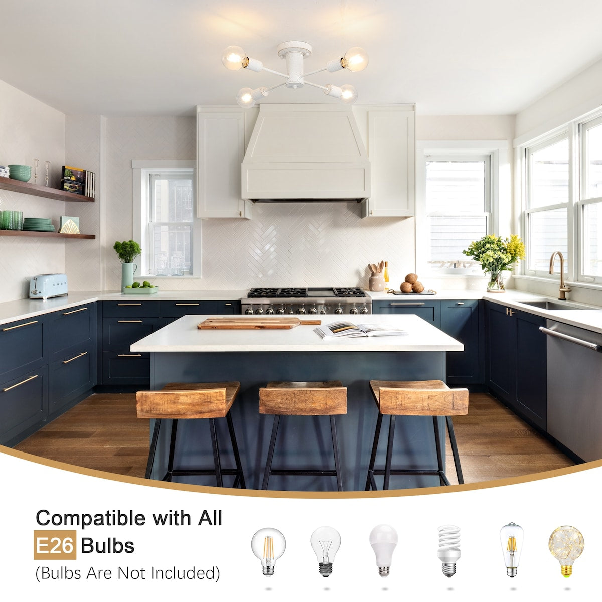 4-Light Industrial Semi Flush Mount Ceiling Light for Kitchen Dining Room Bedroom Study Living Room - N/A