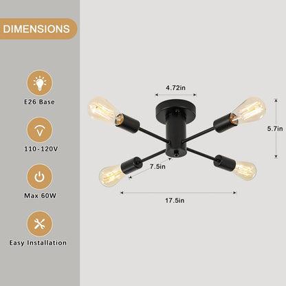 4-Light Industrial Semi Flush Mount Ceiling Light for Kitchen Dining Room Bedroom Study Living Room - N/A