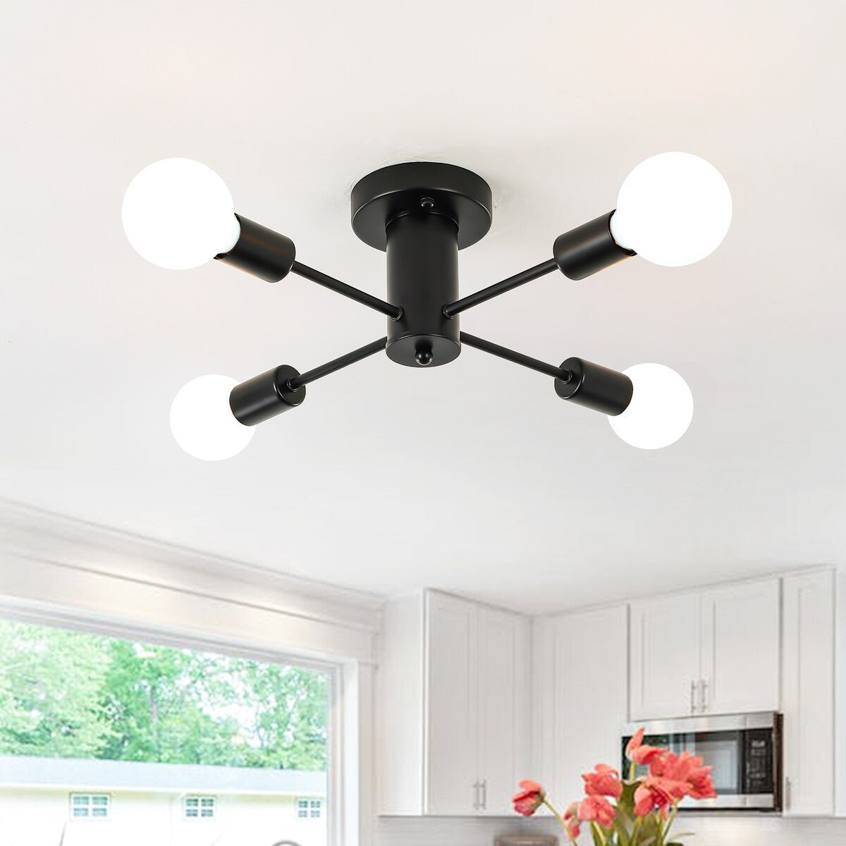 4-Light Industrial Semi Flush Mount Ceiling Light for Kitchen Dining Room Bedroom Study Living Room - N/A