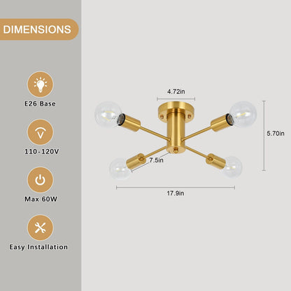 4-Light Industrial Semi Flush Mount Ceiling Light for Kitchen Dining Room Bedroom Study Living Room - N/A