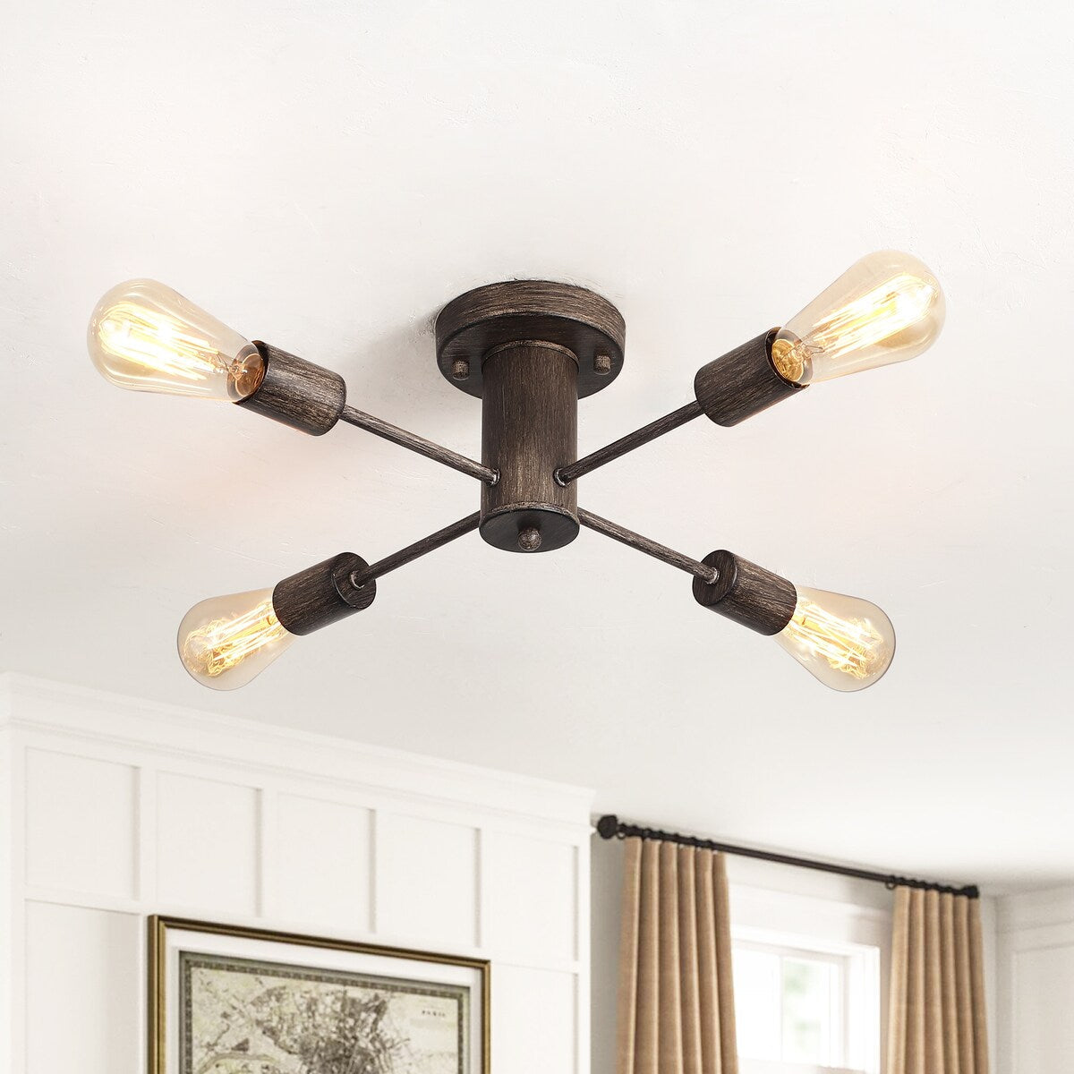 4-Light Industrial Semi Flush Mount Ceiling Light for Kitchen Dining Room Bedroom Study Living Room - N/A