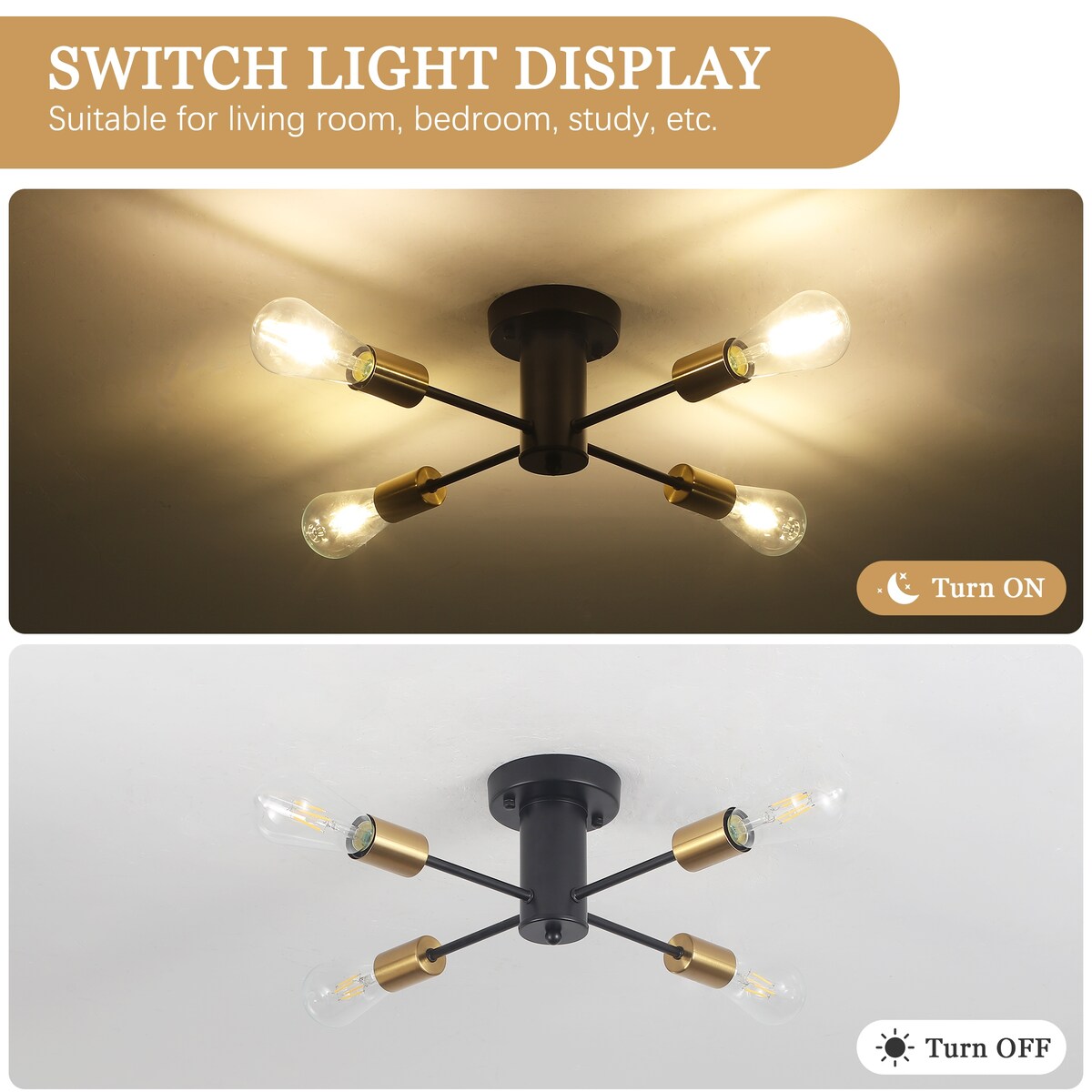 4-Light Industrial Semi Flush Mount Ceiling Light for Kitchen Dining Room Bedroom Study Living Room - N/A