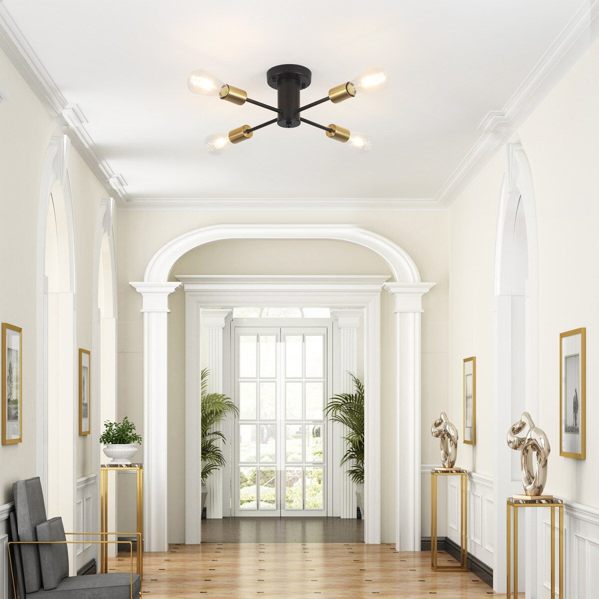 4-Light Industrial Semi Flush Mount Ceiling Light for Kitchen Dining Room Bedroom Study Living Room - N/A