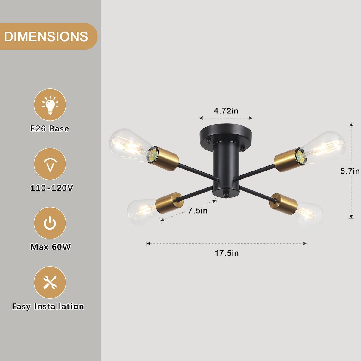 4-Light Industrial Semi Flush Mount Ceiling Light for Kitchen Dining Room Bedroom Study Living Room - N/A