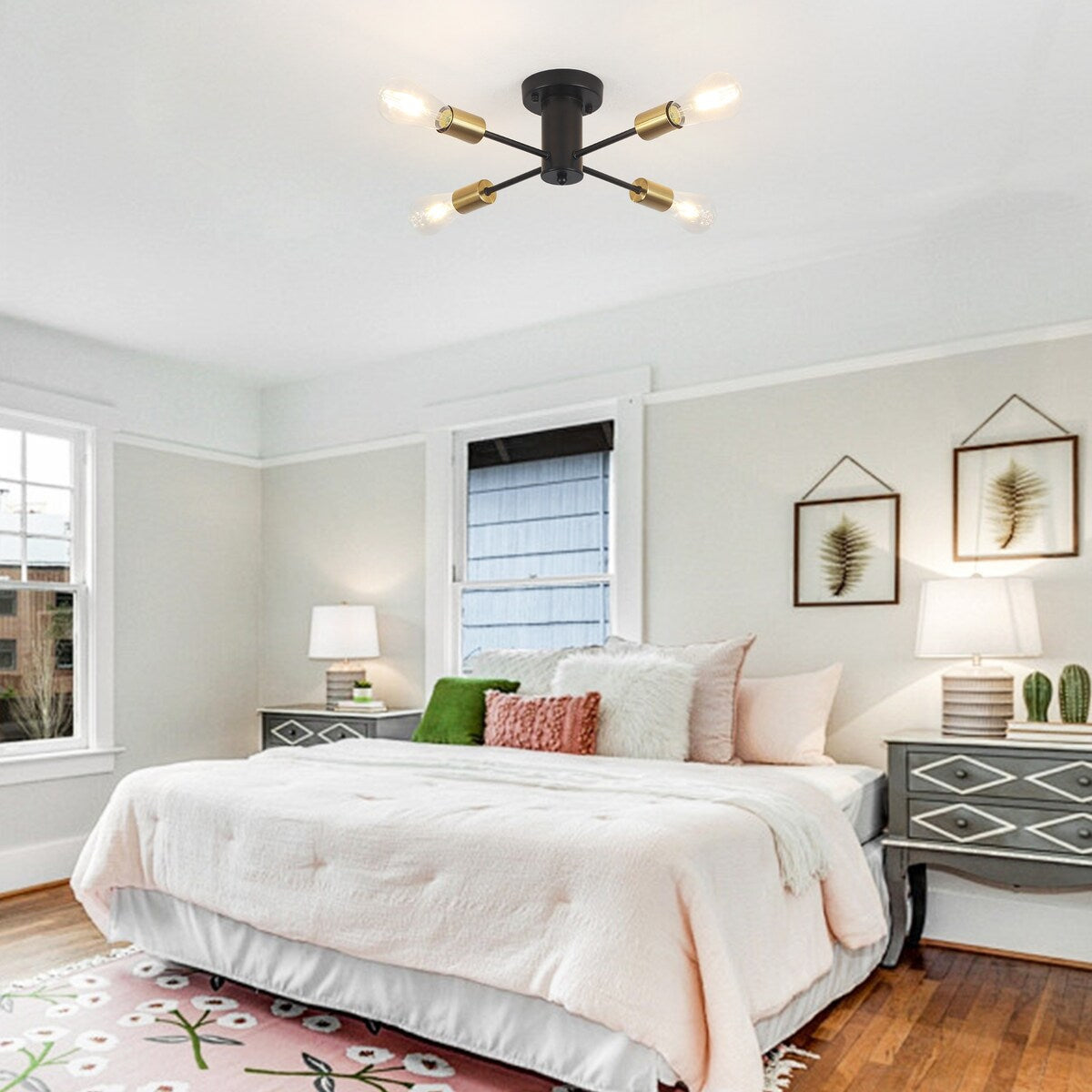 4-Light Industrial Semi Flush Mount Ceiling Light for Kitchen Dining Room Bedroom Study Living Room - N/A