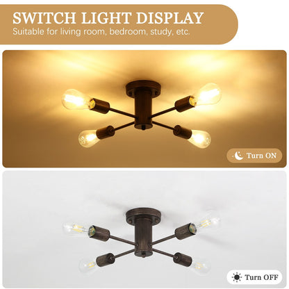 4-Light Industrial Semi Flush Mount Ceiling Light for Kitchen Dining Room Bedroom Study Living Room - N/A
