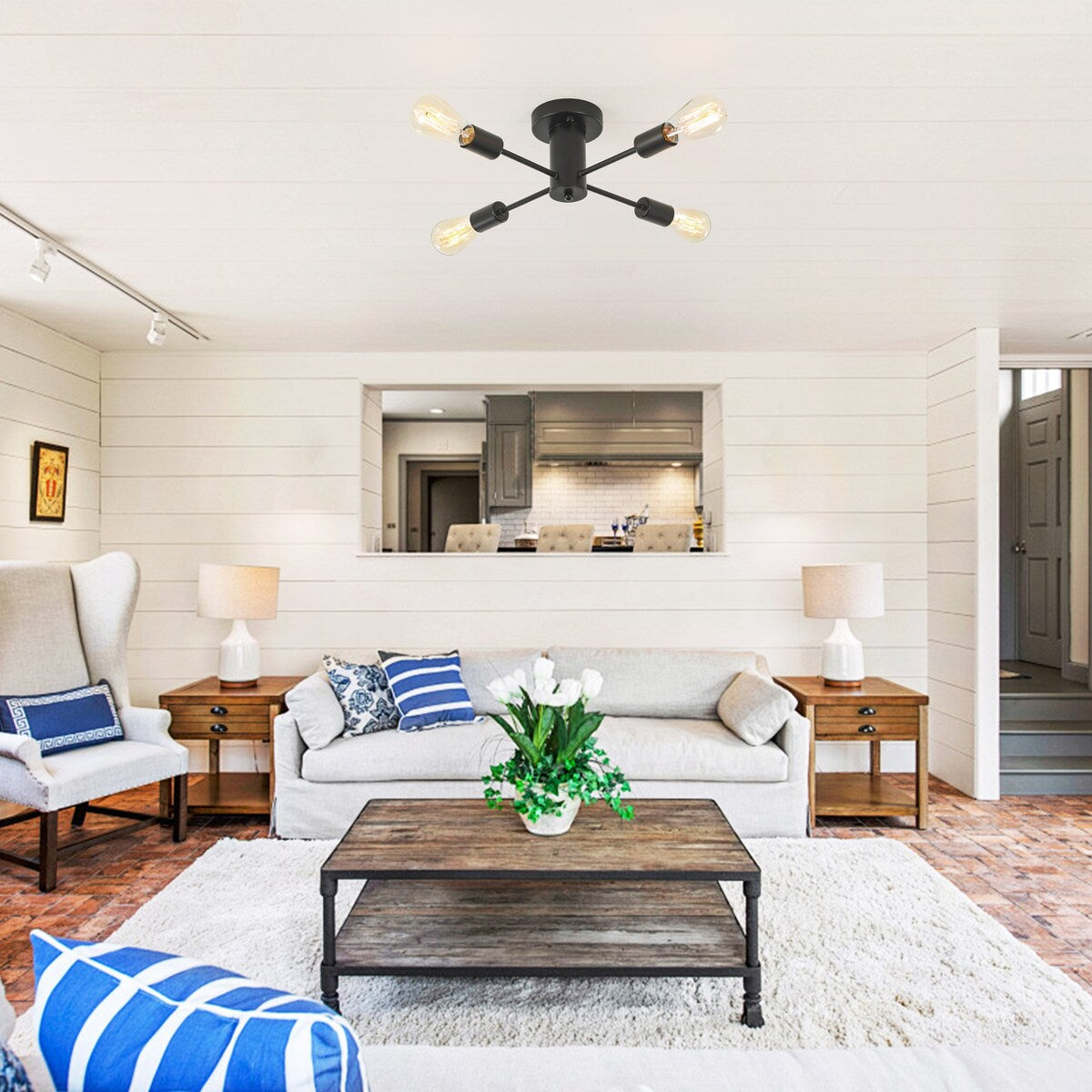 4-Light Industrial Semi Flush Mount Ceiling Light for Kitchen Dining Room Bedroom Study Living Room - N/A