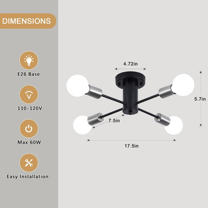 4-Light Industrial Semi Flush Mount Ceiling Light for Kitchen Dining Room Bedroom Study Living Room - N/A