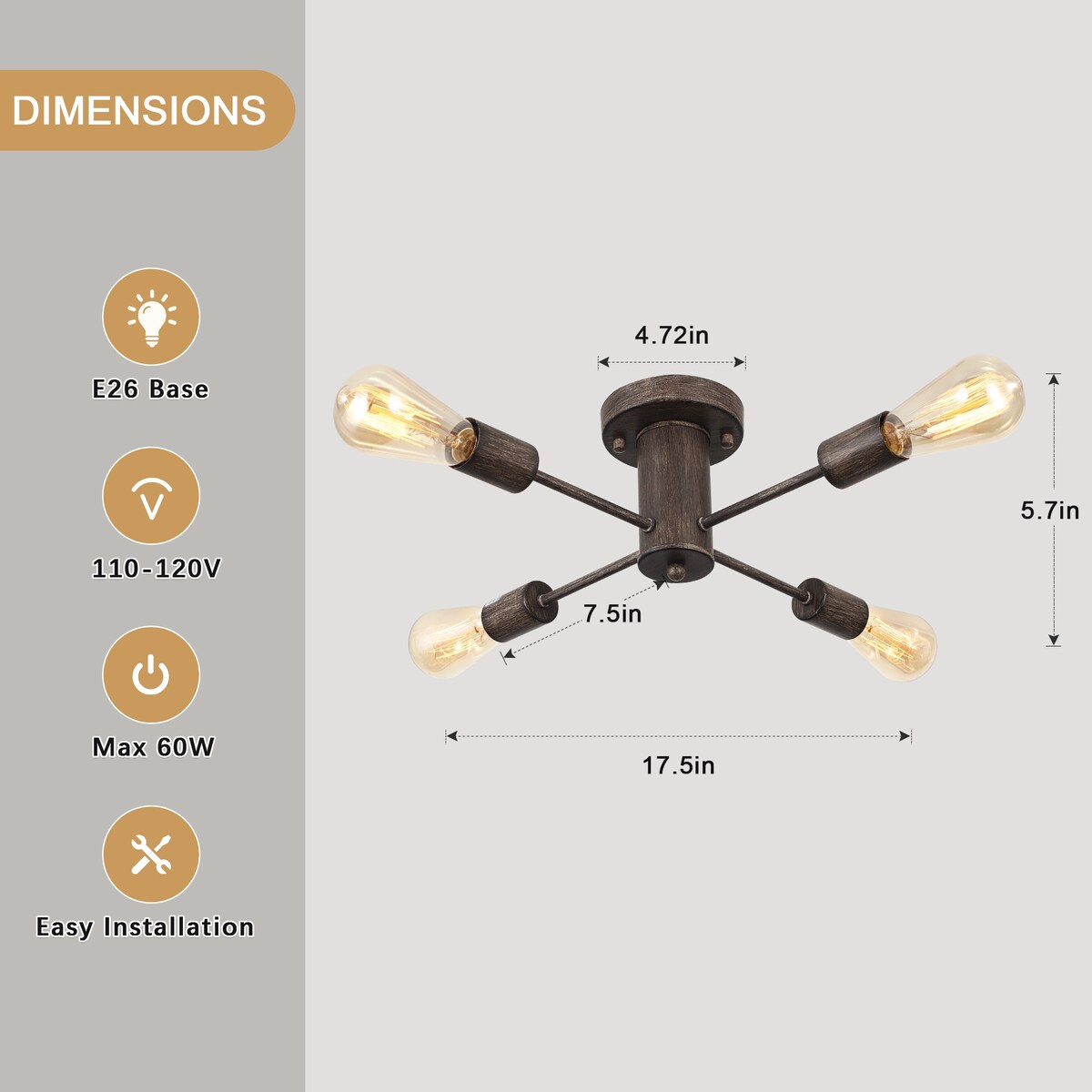 4-Light Industrial Semi Flush Mount Ceiling Light for Kitchen Dining Room Bedroom Study Living Room - N/A