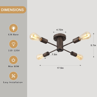 4-Light Industrial Semi Flush Mount Ceiling Light for Kitchen Dining Room Bedroom Study Living Room - N/A