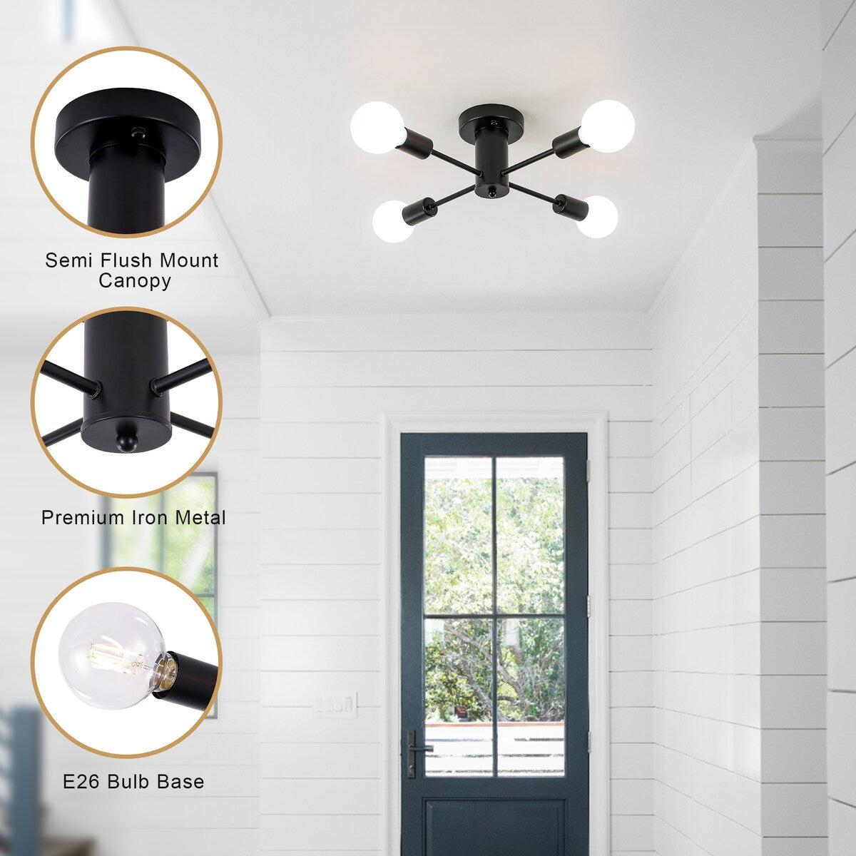 4-Light Industrial Semi Flush Mount Ceiling Light for Kitchen Dining Room Bedroom Study Living Room - N/A