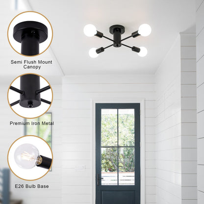 4-Light Industrial Semi Flush Mount Ceiling Light for Kitchen Dining Room Bedroom Study Living Room - N/A