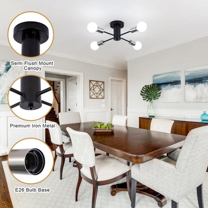 4-Light Industrial Semi Flush Mount Ceiling Light for Kitchen Dining Room Bedroom Study Living Room - N/A