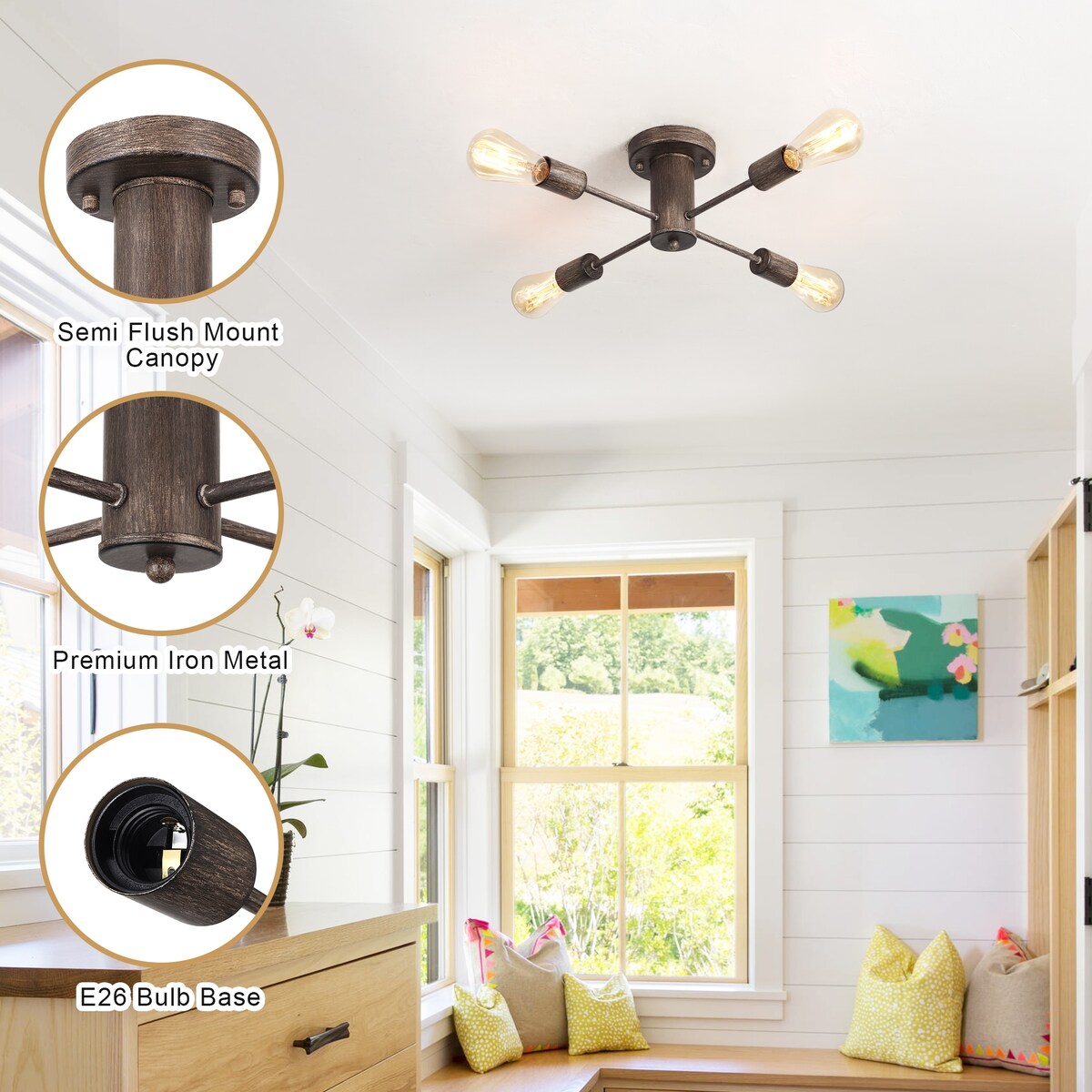 4-Light Industrial Semi Flush Mount Ceiling Light for Kitchen Dining Room Bedroom Study Living Room - N/A