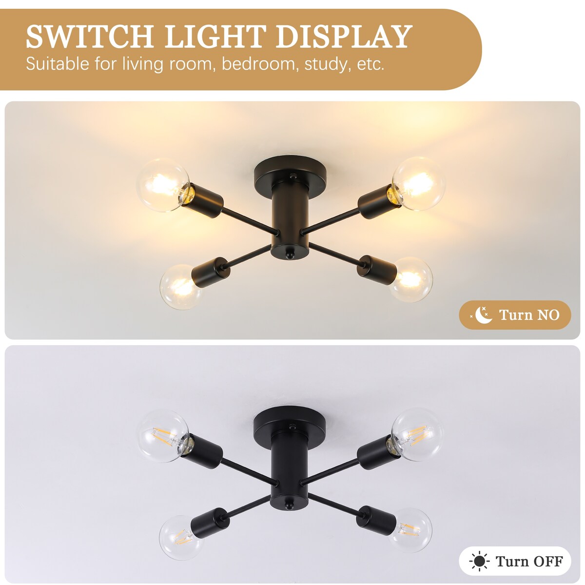 4-Light Industrial Semi Flush Mount Ceiling Light for Kitchen Dining Room Bedroom Study Living Room - N/A