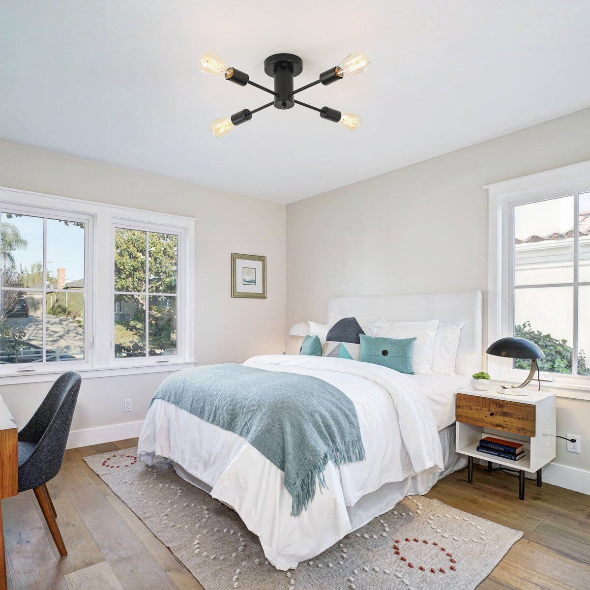 4-Light Industrial Semi Flush Mount Ceiling Light for Kitchen Dining Room Bedroom Study Living Room - N/A