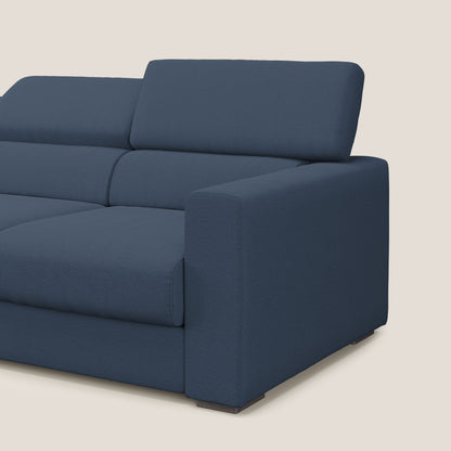 Dylan divano a 3 sedute con pouf estraibile poggiapiedi in tessuto fiammato simil cotone impermeabile T19 blu