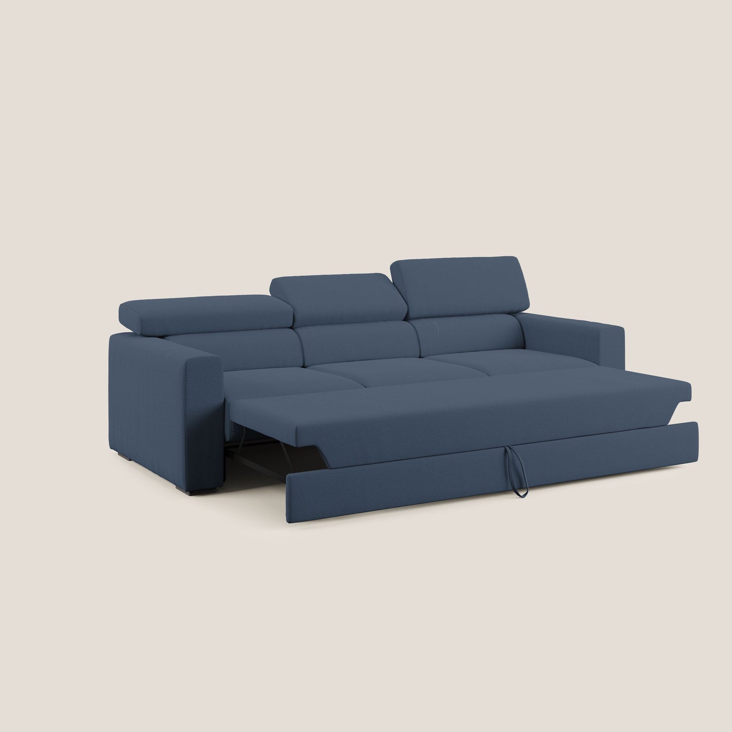 Dylan divano a 3 sedute con pouf estraibile poggiapiedi in tessuto fiammato simil cotone impermeabile T19 blu