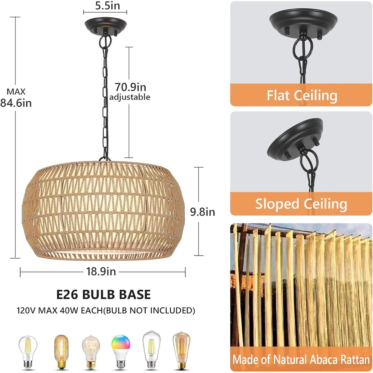 5-Lights Rattan Farmhouse Chandelier