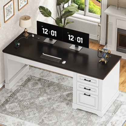 Farmhouse Executive Desk Home Office Desk File Drawer Monitor Stand Power Outlet