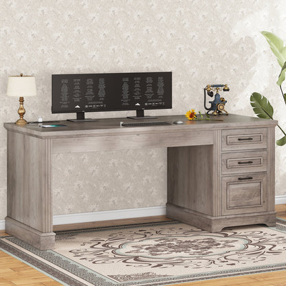 Farmhouse Executive Desk Home Office Desk File Drawer Monitor Stand Power Outlet