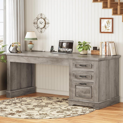 Farmhouse Executive Desk Home Office Desk File Drawer Monitor Stand Power Outlet