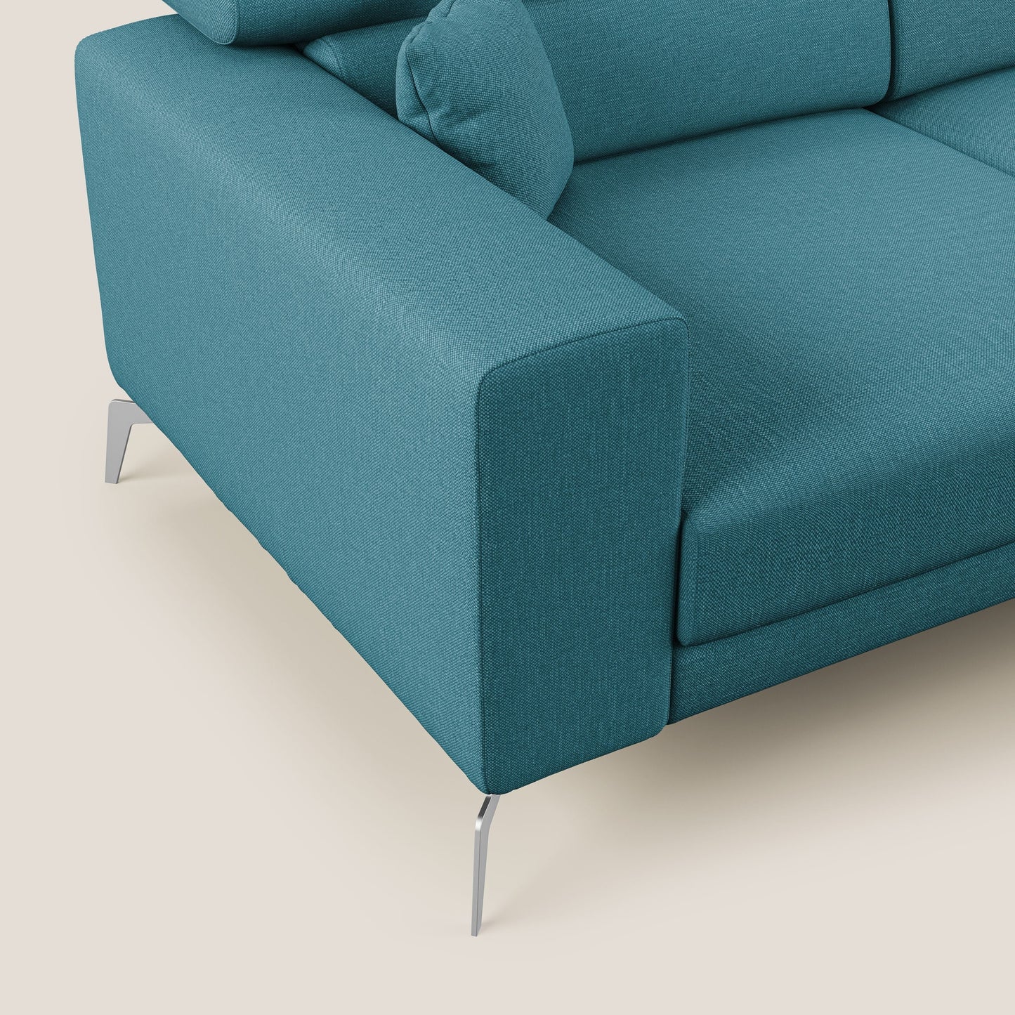 Blade Divano moderno angolare con poggiatesta reclinabili in tessuto impermeabile simil-cotone T13 azzurro