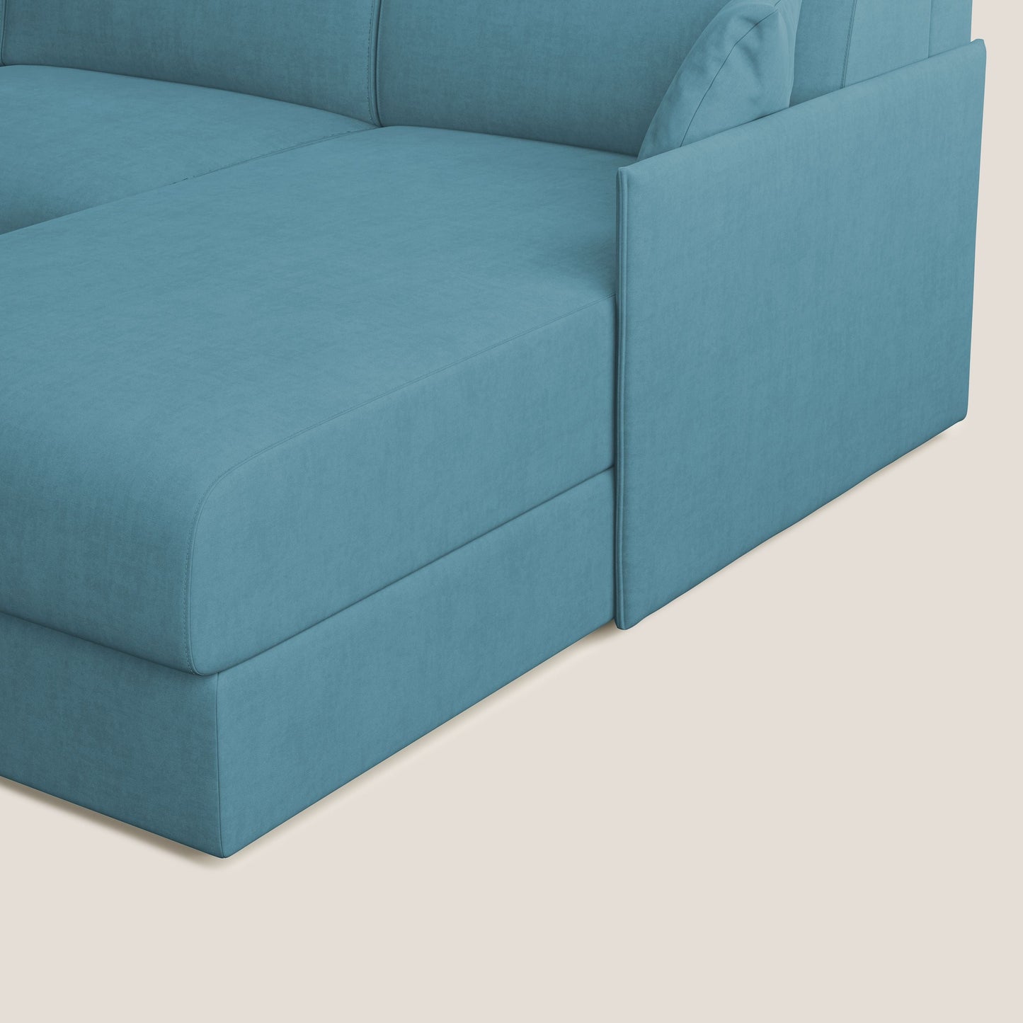 Evans Divano letto angolare con penisola in morbido tessuto impermeabile T02 azzurro