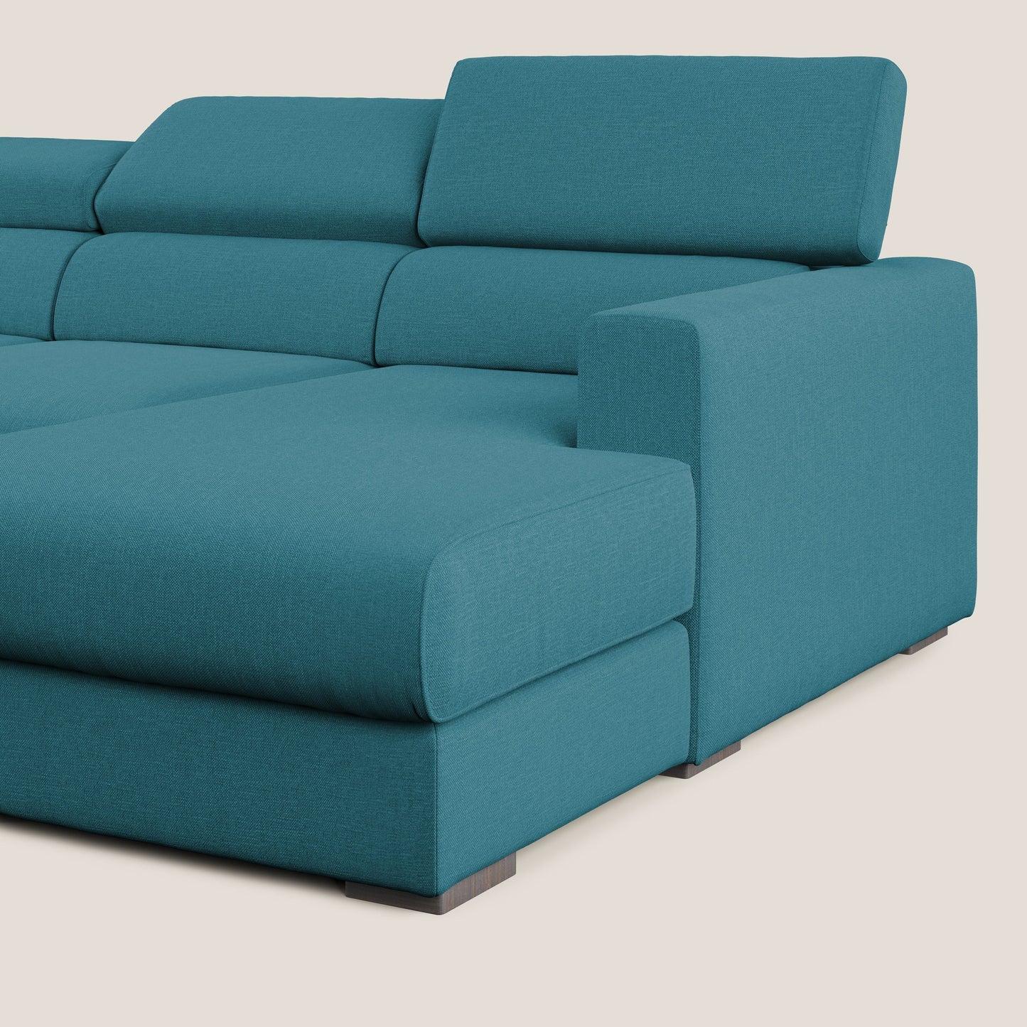 Dylan divano angolare con pouf estraibile poggiapiedi in tessuto simil cotone impermeabile T13 azzurro