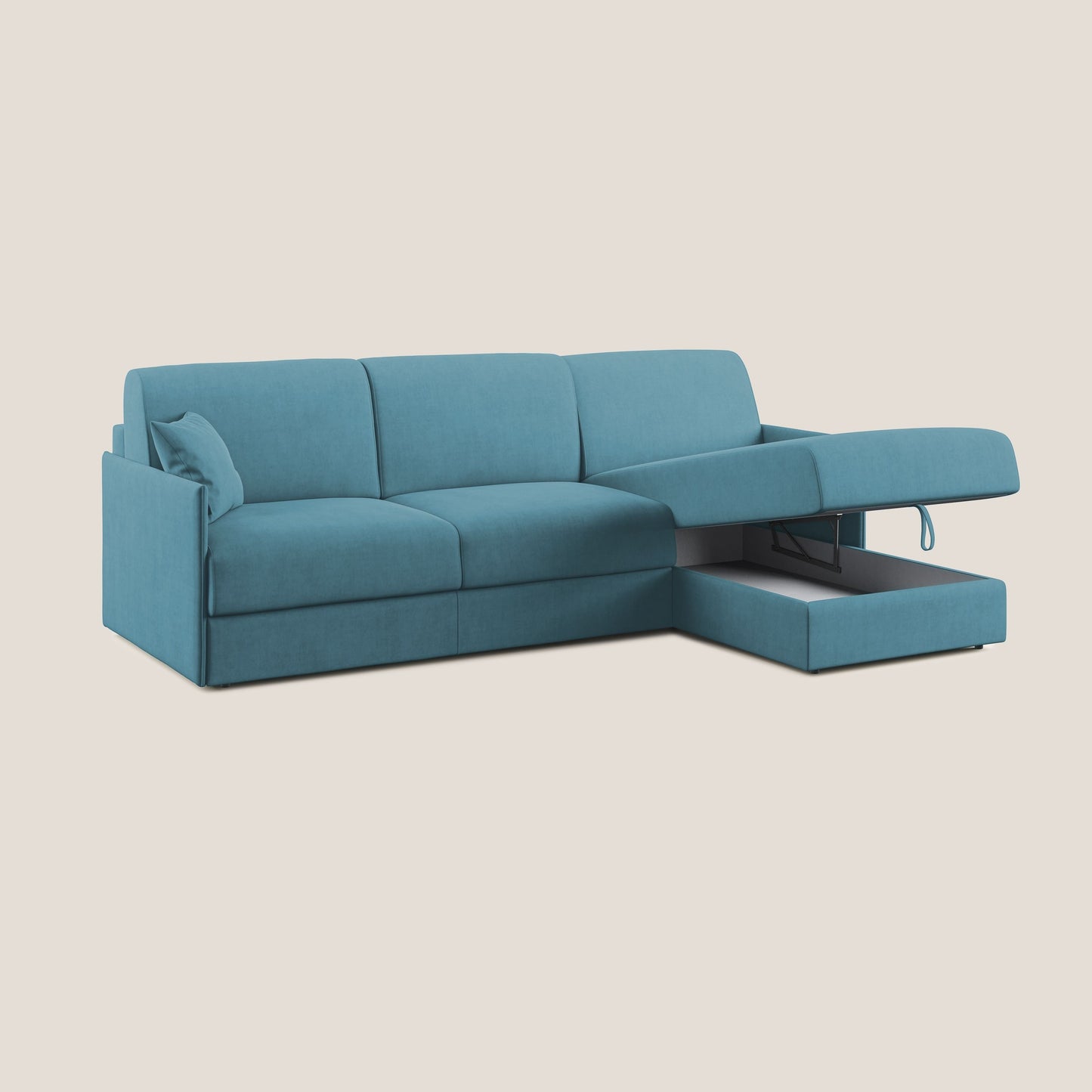 Evans Divano letto angolare con penisola in morbido tessuto impermeabile T02 azzurro