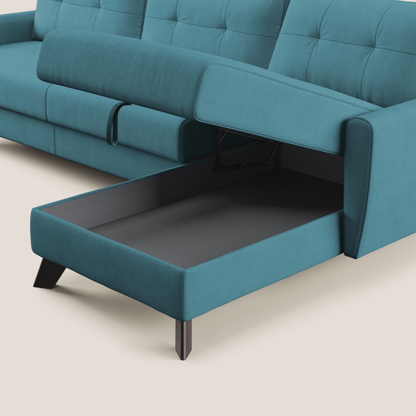 Callisto Divano letto angolare con penisola in tessuto morbido impermeabile T02 azzurro