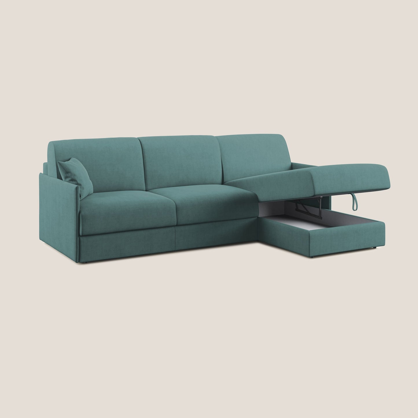 Evans Divano letto angolare con penisola in morbido tessuto impermeabile T02 petrolio