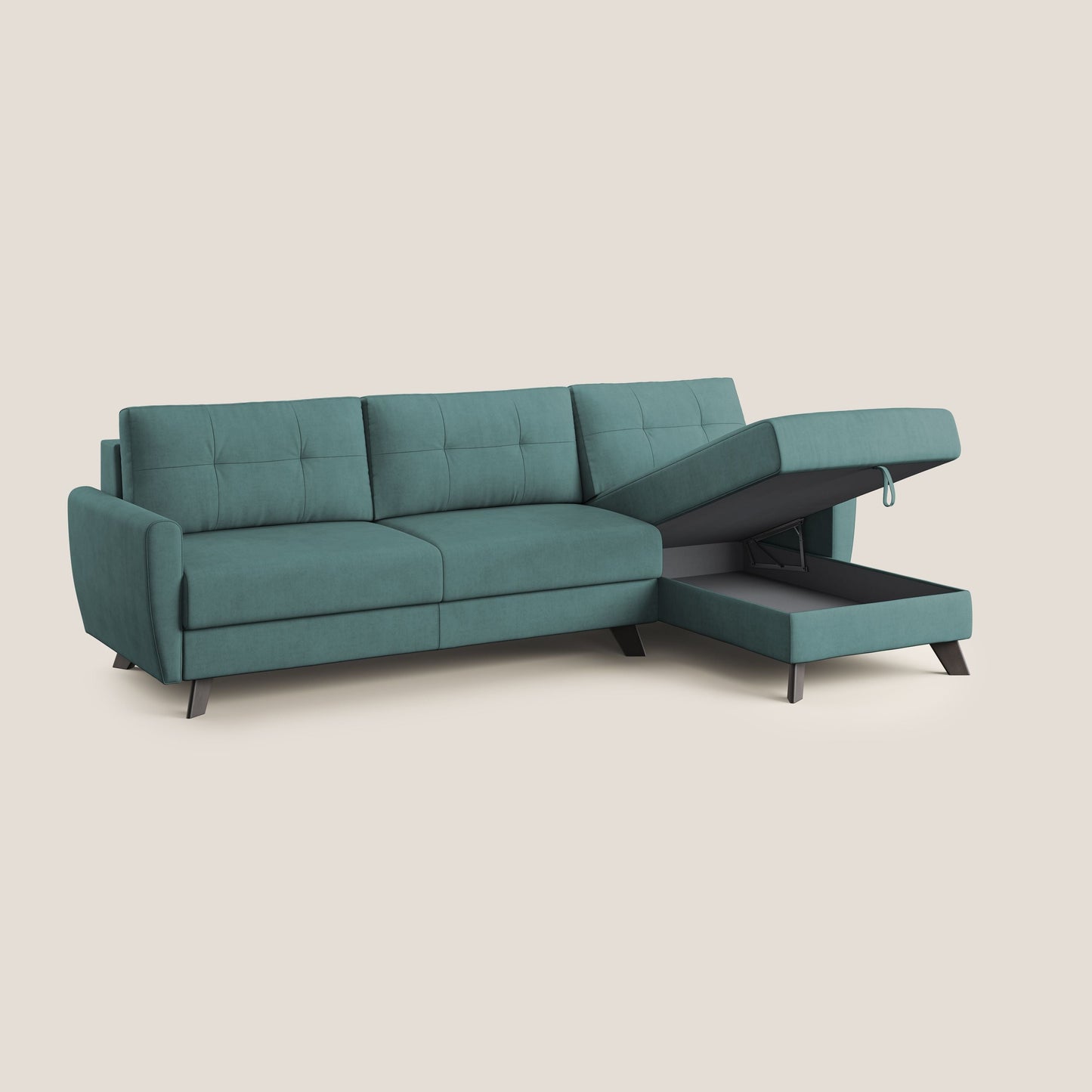 Callisto Divano letto angolare con penisola in tessuto morbido impermeabile T02 petrolio