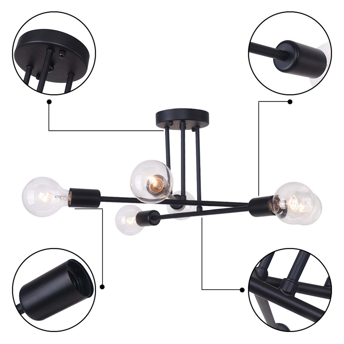 6 - Light Modern Metal Black Sputnik Semi-Flush Mount Ceiling Light