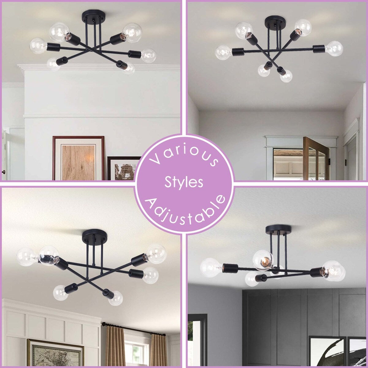 6 - Light Modern Metal Black Sputnik Semi-Flush Mount Ceiling Light