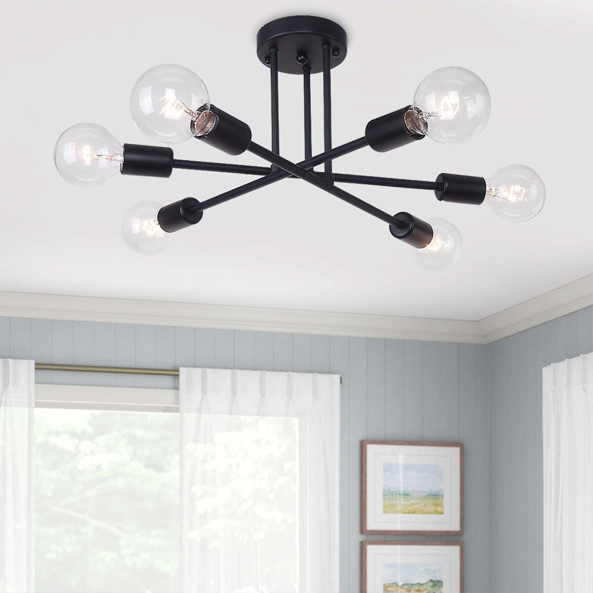 6 - Light Modern Metal Black Sputnik Semi-Flush Mount Ceiling Light