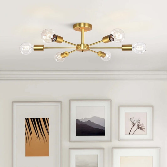 6-Light Modern Industrial Dimmable Sputnik Linear Cluster Semi-Flush Mount Light