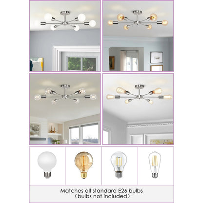 6-Light Modern Industrial Dimmable Sputnik Linear Cluster Semi-Flush Mount Light