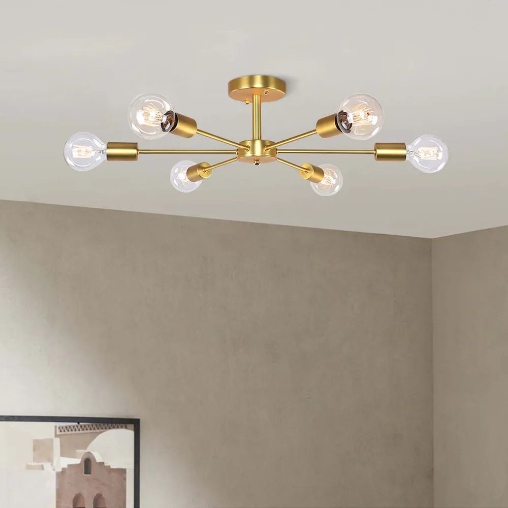 6-Light Modern Industrial Dimmable Sputnik Linear Cluster Semi-Flush Mount Light