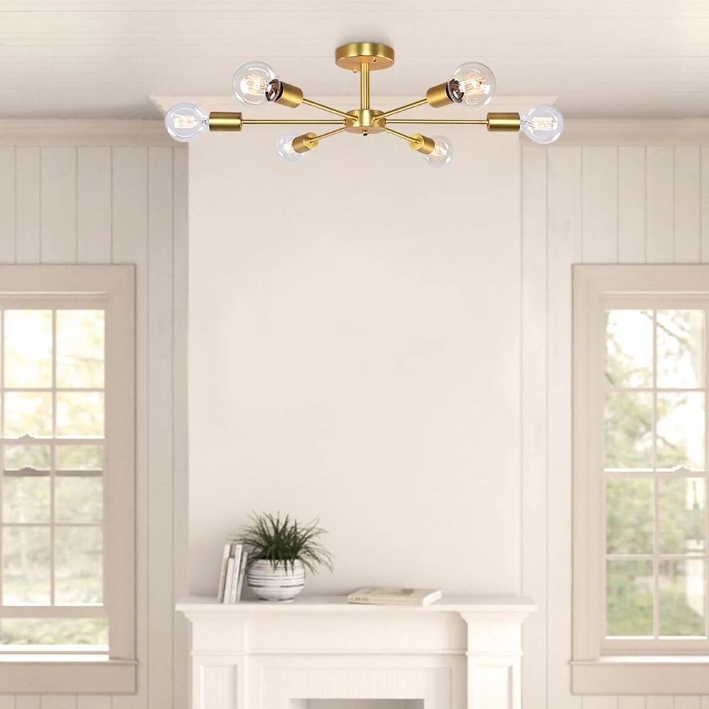 6-Light Modern Industrial Dimmable Sputnik Linear Cluster Semi-Flush Mount Light