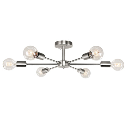 6-Light Modern Industrial Dimmable Sputnik Linear Cluster Semi-Flush Mount Light