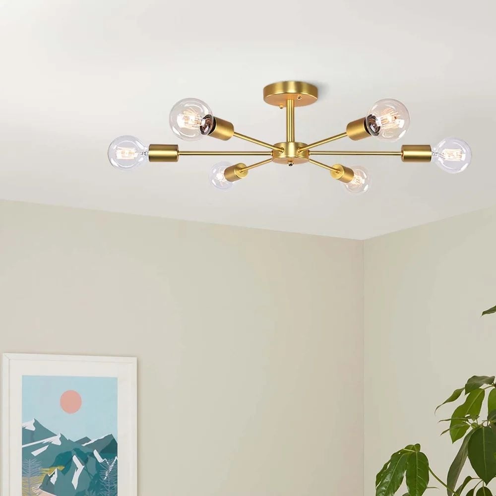 6-Light Modern Industrial Dimmable Sputnik Linear Cluster Semi-Flush Mount Light