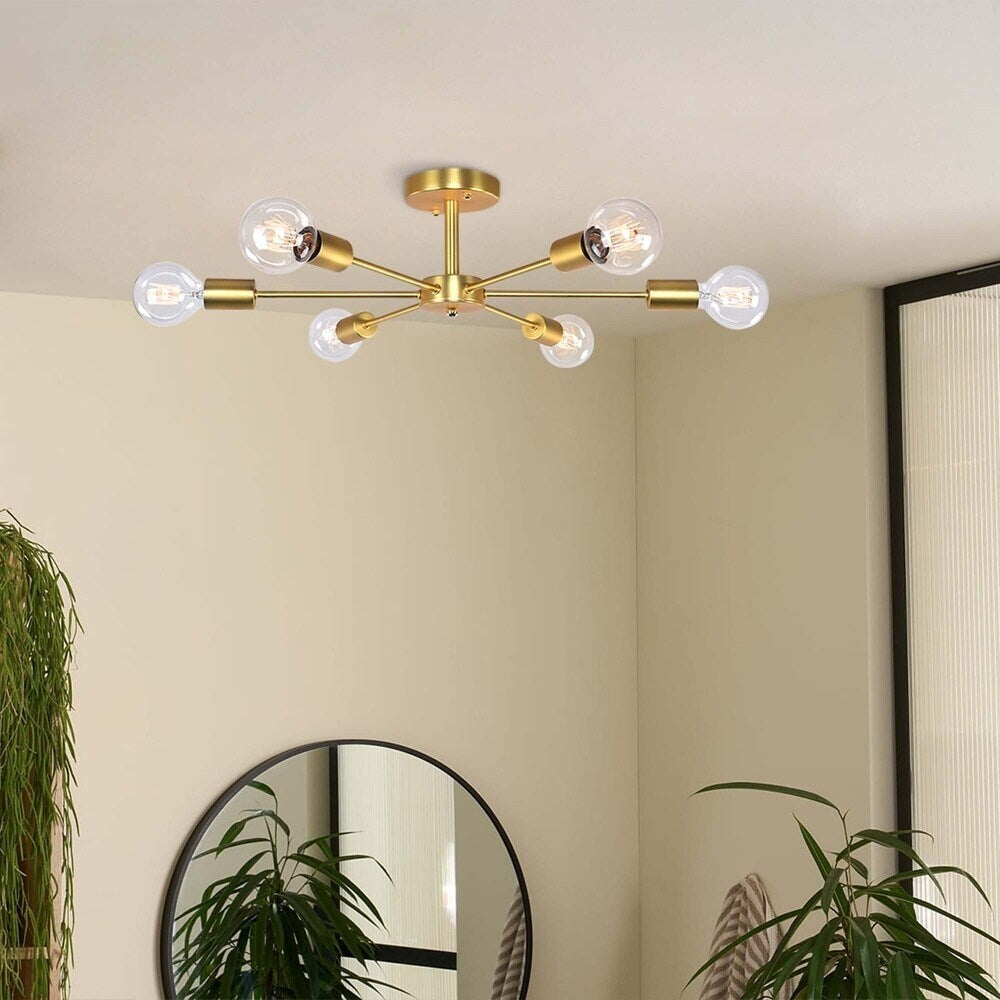 6-Light Modern Industrial Dimmable Sputnik Linear Cluster Semi-Flush Mount Light