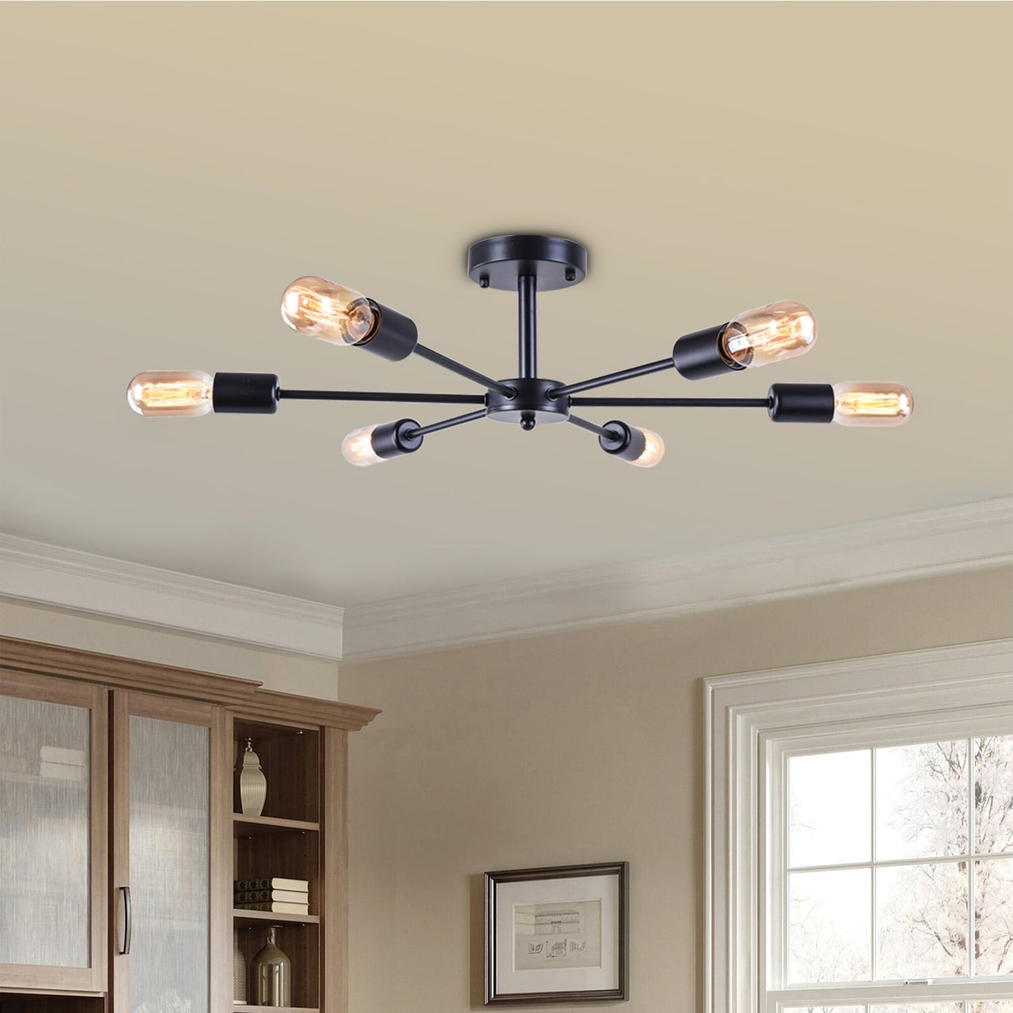 6-Light Modern Industrial Dimmable Sputnik Linear Cluster Semi-Flush Mount Light