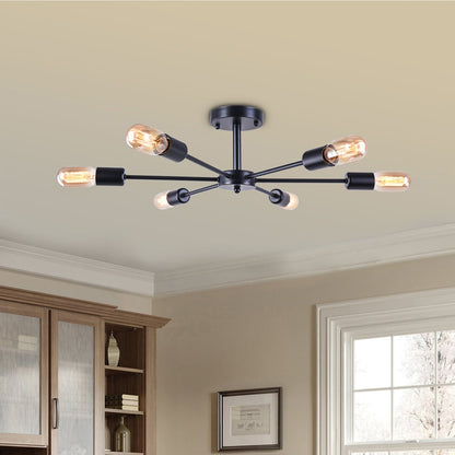 6-Light Modern Industrial Dimmable Sputnik Linear Cluster Semi-Flush Mount Light