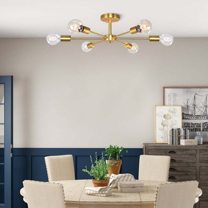 6-Light Modern Industrial Dimmable Sputnik Linear Cluster Semi-Flush Mount Light