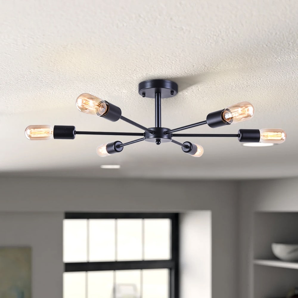 6-Light Modern Industrial Dimmable Sputnik Linear Cluster Semi-Flush Mount Light